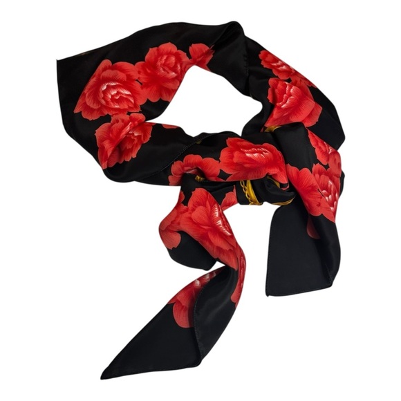 Large Black Satin Scarf with Gold Chain Print & Red Floral Border Square Scarf - Picture 2 of 12